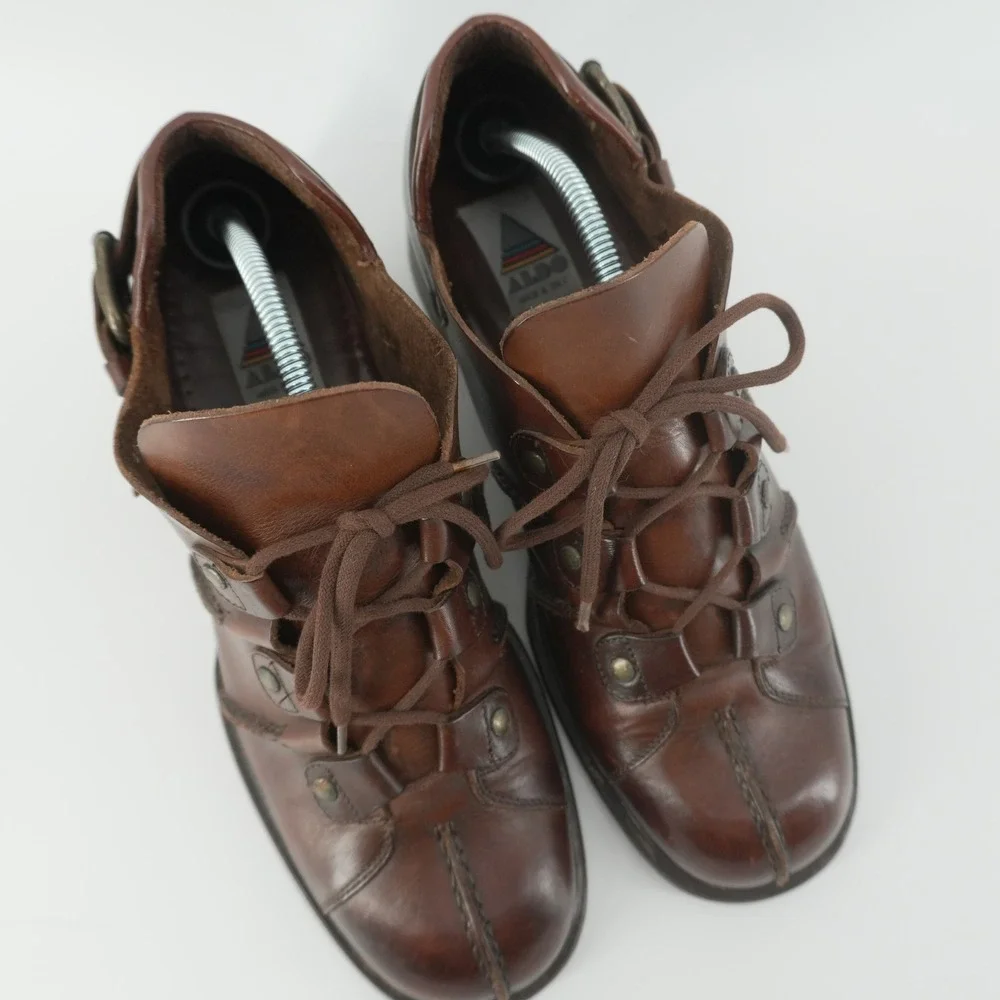 Aldo Leather Oxford Shoes Mens 44 Brown Made in Italy Studded Buckle Vintage